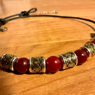 Photo of Rare,Mens Red Quartz Leather Necklace,Quartz,Silver,Gold,leather,beaded mens necklace,tarnish free,stainless steel,extender chain