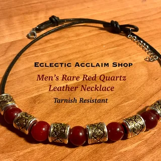 Photo of Rare,Mens Red Quartz Leather Necklace,Quartz,Silver,Gold,leather,beaded mens necklace,tarnish free,stainless steel,extender chain