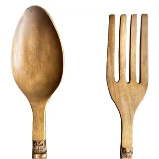 Photo of Vintage Large 41" Fork Spoon Set Wood Carved Tiki/Totem Handle 1970s Wall Decor