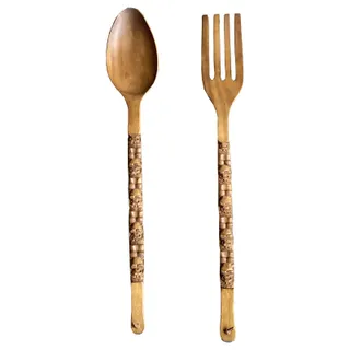 Photo of Vintage Large 41" Fork Spoon Set Wood Carved Tiki/Totem Handle 1970s Wall Decor