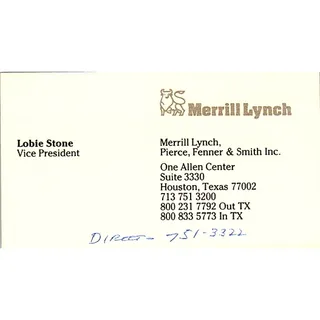 Photo of Merrill Lynch Lobie Stone Houston Texas Vintage Business Card SB4-B1
