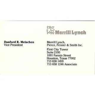 Photo of Merrill Lynch Pierce Fenner, Meischen Houston Texas Vintage Business Card SB4-B1