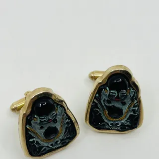 Photo of Vintage Shields Gold Tone Enamel Hand Painted Buddah Cufflinks SB8