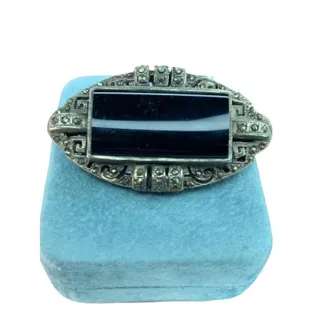 Photo of Sterling Silver Vintage Black Onyx Marcasite Cutout Brooch Pin