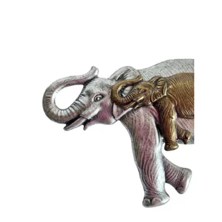 Photo of Silvertone and Goldtone Double Elephant Lucky Brooch Trunk Up 3" x 1.75"
