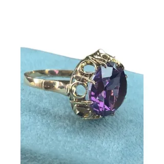 Photo of 14k Yellow Gold Lab Created Round Amethyst Solitaire Ring Size 7.5