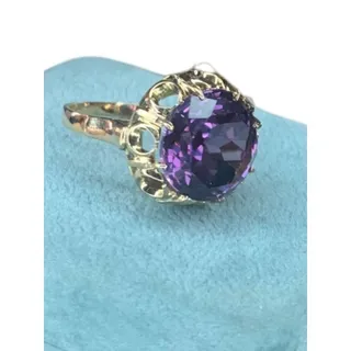 Photo of 14k Yellow Gold Lab Created Round Amethyst Solitaire Ring Size 7.5