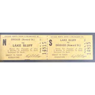 Photo of Chicago and North Shore & Milwaukee RY Ticket Lake Bluff to Howard St. #14815