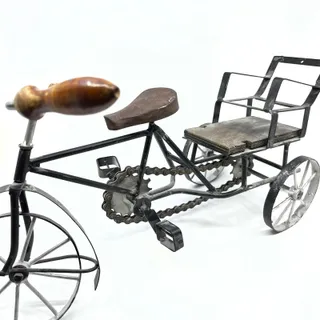 Photo of Vintage Hand Crafted Metal Wrought Iron Wood Bicycle Tricycle Sculpture 17x8