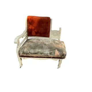 Photo of Antique Victorian Cottage Settee Chair Velvet Carved Wood Casters