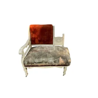 Photo of Antique Victorian Cottage Settee Chair Velvet Carved Wood Casters