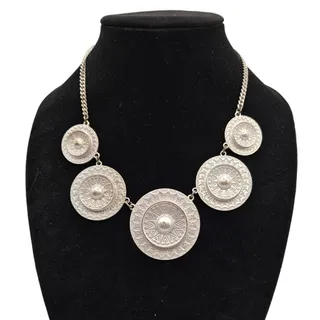 Photo of Vintage Light Silver Tone Metal Disc Style Statement Piece Necklace