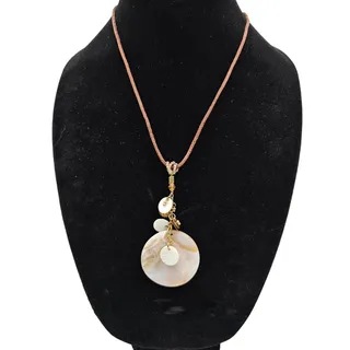 Photo of Chicos Rolled Leather Statement Pendant Necklace Mother of Pearl Nautical Boho