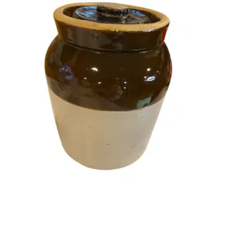Photo of Vintage Stoneware Lidded Crock  Two Tone Brown Farmhouse Rustic Decor