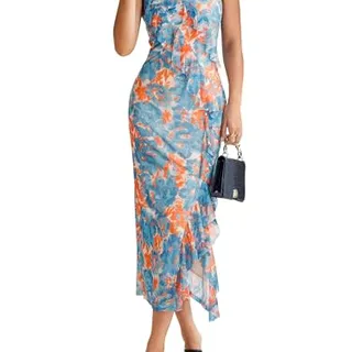 Photo of Simplee Women Floral Ruffle Bodycon Maxi Dress 2026 Summer Spaghetti Strap V Neck Mesh Slit Wedding Guest Beach Party Dresses Floral Blue Orange XL