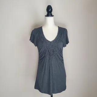 Photo of Bordeaux Gray Cinched Front V-Neck Top Medium