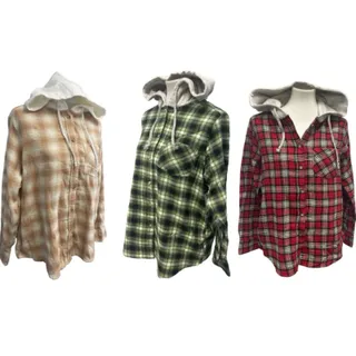 Photo of 3 New Womens Small Red Tan Green Long Sleeve Plaid Flannel Button Up Hoodies