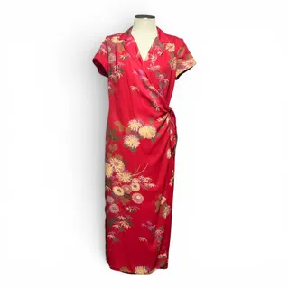 Photo of David Warren Vintage Made in USA Short Sleeve Wrap Top Dress Red Floral 12