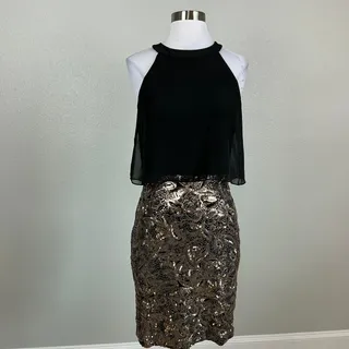 Photo of Betsy & Adam Black and Gold Cocktail Dress Sequined Chiffon Halter Sheath Size 8