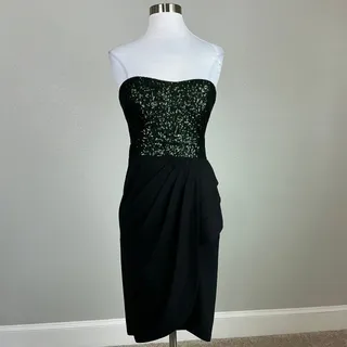 Photo of Badgley Mischka Black and Green Cocktail Dress Strapless Sequined Sheath Size 2