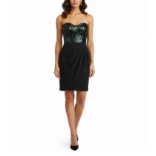 Photo of Badgley Mischka Black and Green Cocktail Dress Strapless Sequined Sheath Size 2