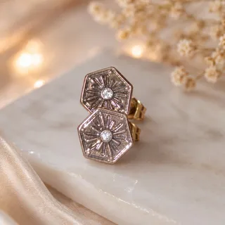 Photo of Vintage Gold Tone Hexagon Rhinestone Sunburst Stud Earrings Retro Excellent