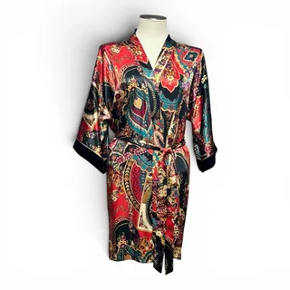 Photo of Inner Most Satin Velvet Short Mini Kimono Robe Black Red Gold Floral Large