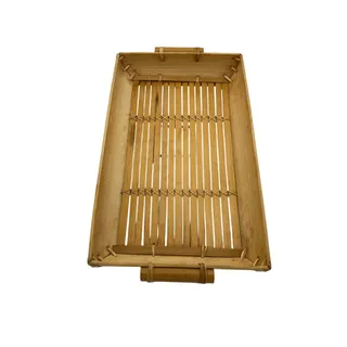 Photo of Mid 20th Century Light Bamboo Slat Lap Serving Tray with Cane Handle 16" x 9"