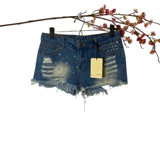 Photo of Litz Blue Fringe Trim Cut Off Distressed Jeweled Casual Jean Shorts Women Sz S