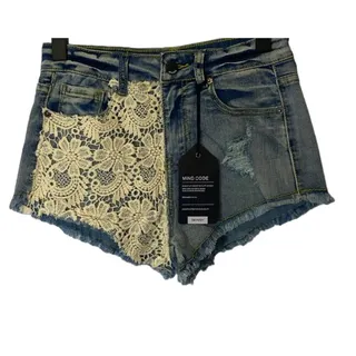 Photo of Mind Code Lace Detail Distressed Raw Hem Trim Short Denim Jean Shorts Women Sz S