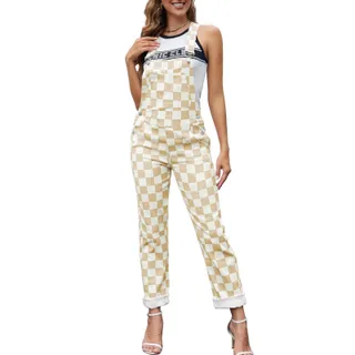 Photo of Womens Checkered Overalls Tan White L Adjustable Straps Pockets