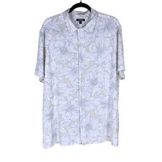 Photo of Express Shirt Men’s XL Gray Beige Floral Botanical Short Sleeve Button Up Beach