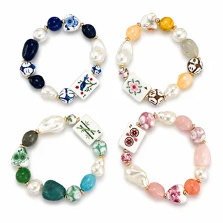 Photo of Mahjong Tile Mixed Bead Stretch Bracelet | Blue Bird