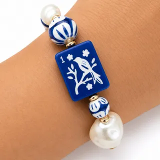 Photo of Mahjong Tile Mixed Bead Stretch Bracelet | Blue Bird