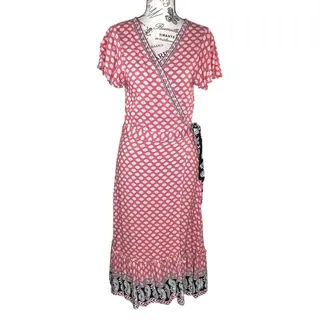 Photo of Blue Rain (L) Short Sleeve Boho Geometric Print Waist Tie Ruffle Hem Wrap Dress