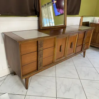 Photo of Bassett Mayan Walnut Credenza Long Dresser Marble Insets Mid Century Modern MCM
