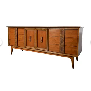 Photo of Bassett Mayan Walnut Credenza Long Dresser Marble Insets Mid Century Modern MCM