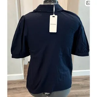 Photo of Pleione Navy Blue Peter Pan Collar Short Sleeve Blouse Size Small NWT