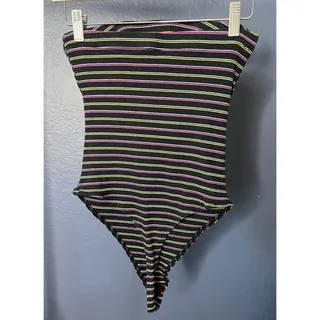 Photo of Out From Under Urban Outfitters Strapless Striped Ribbed Bodysuit Thong Black L