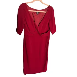 Photo of Doncaster crimson red woven 1/4 sleeve low neck midi dress lined size 8 NWT