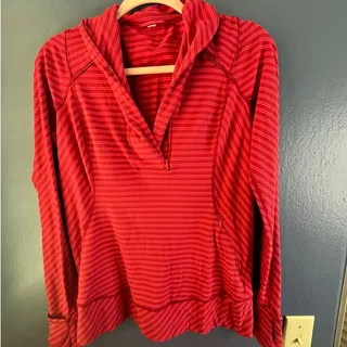 Photo of Lululemon Think Fast Pullover Stripe Deepest Cranberry Red zip collar pockets 10