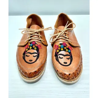 Photo of NEW La Santa Ant Mexican Brown Leather Lace Up Braided Shoes with Frida Kahlo