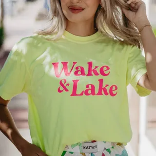 Photo of Wake and Lake Graphic Cotton Tee Neon Yellow and Hot Pink 2XL
