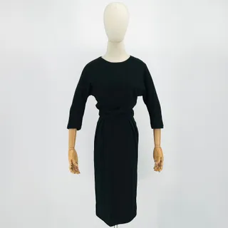 Photo of Vintage 60s Black Wool Handmade Three Quarter Sleeve Sheath Dress