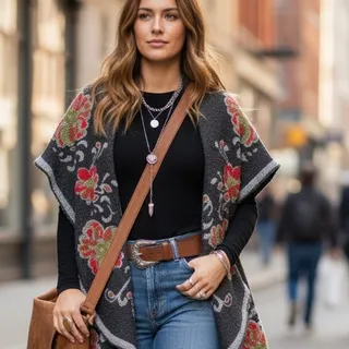 Photo of Unique Fleecy Boho/Rustic Style Floral Cape/Vest/Cardigan