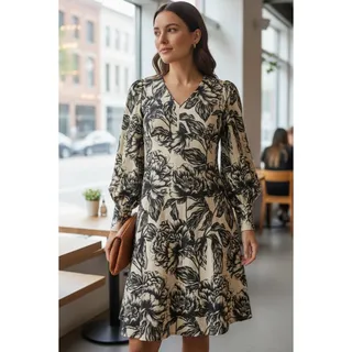 Photo of NWT Calvin Klein Floral Fit and Flare Bishop Sleeve Neutral Floral Dress