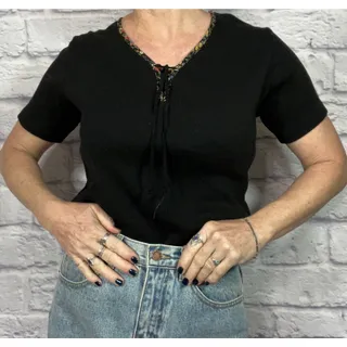 Photo of Vintage 90's Susan Bristol Boho Ribbed Knit Top with Ribbon and Crochet Details