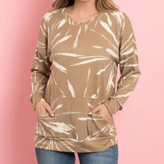 Photo of Tan & White Tie Dye Kangaroo Pocket Soft Top S oversized