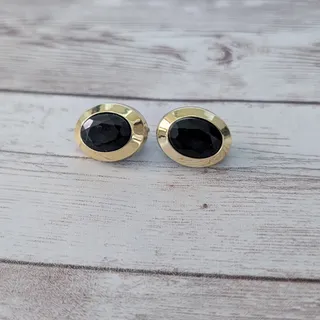 Photo of Vintage Clip On Earrings Black & Gold Tone Oval Statement Elegant Regal
