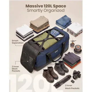 Photo of Rolling Duffle Bag with Wheels, Water-Repellent Fabric, Shoulder Straps- Navy